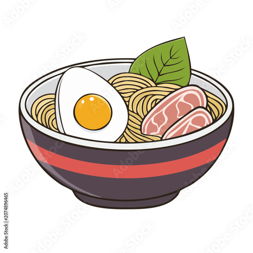 Flat illustration of ramen bowl with noodles egg and pork