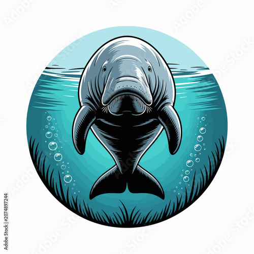 Foto Large gray aquatic mammal underwater face.