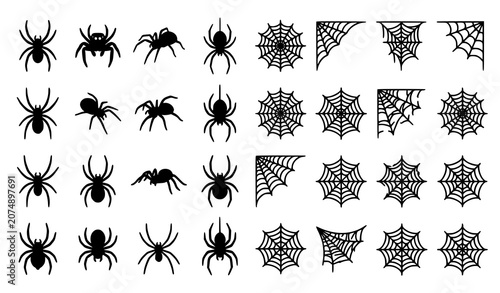 Bild auf Leinwand Black spider and spider web silhouette vector set with isolated arachnid icons a