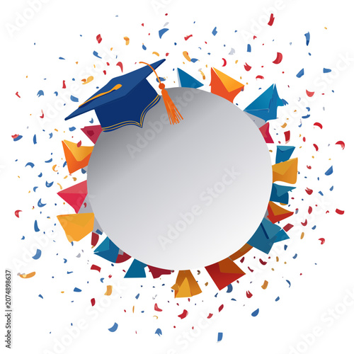 Graduation cap with confetti and geometric shapes vector frame
