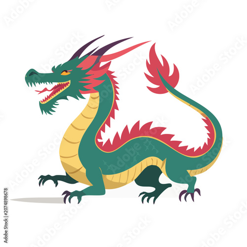 Green and red dragon flat vector illustration