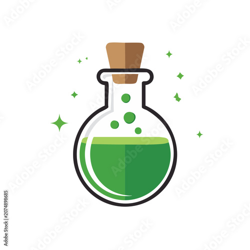 Green potion bottle with cork and sparkles vector icon