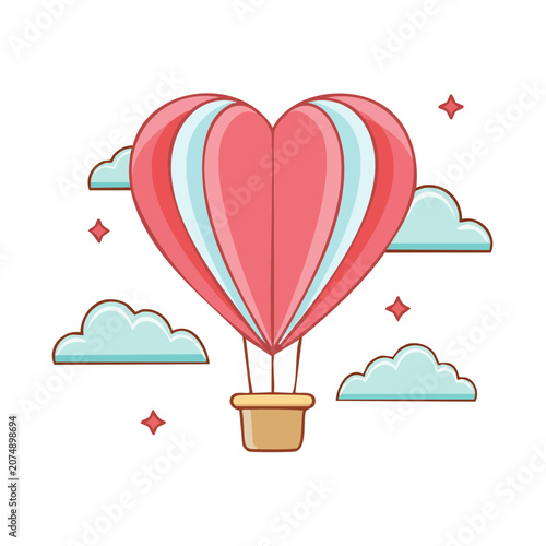 Heart shaped hot air balloon with clouds and stars
