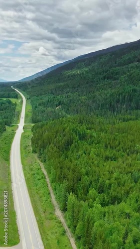 Aerial view over a mountain forest, Canada