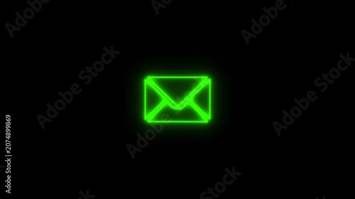 Glowing Green neon mail-send icon animation black background. 4K Video motion graphic animation