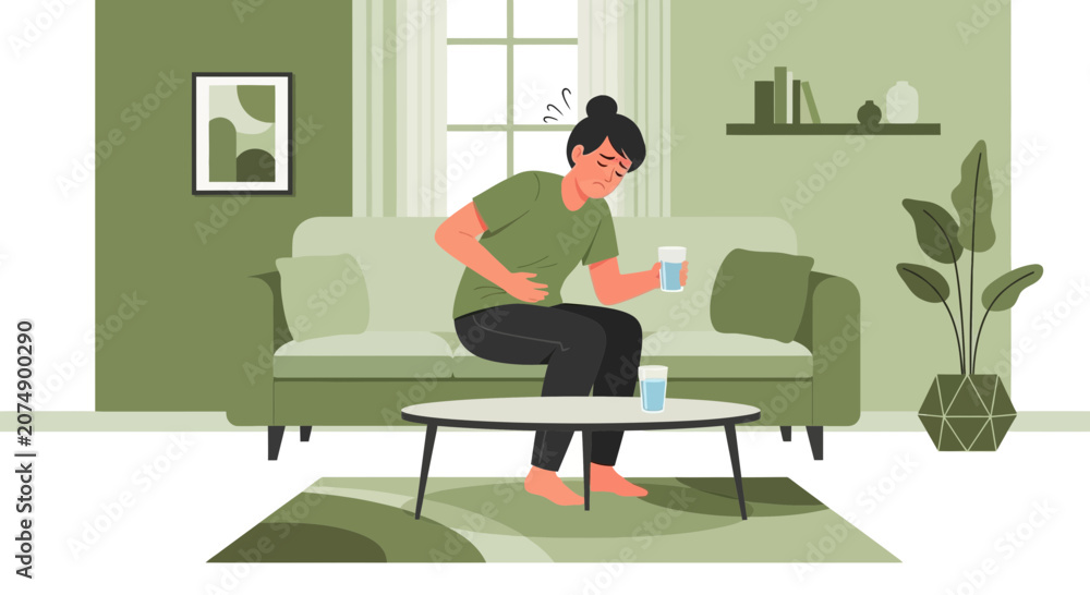 Fototapeta premium Woman Experiencing Abdominal Discomfort and Seeking Relief at Home, Feeling Unwell