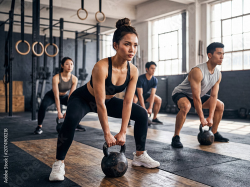 Tableau sur toile Diverse group of focused Asian athletes performing kettlebell squats in a modern, industrial gym setting