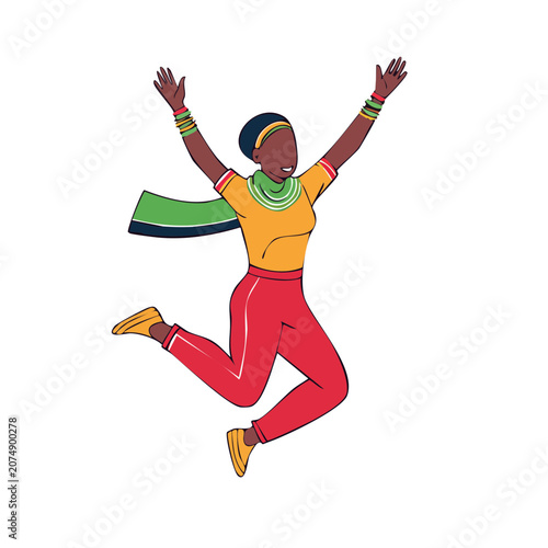 Jumping woman in traditional African attire vector illustration
