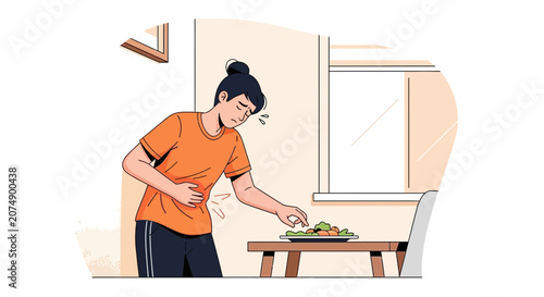 Woman Experiencing Abdominal Discomfort After Eating a Plate of Vegetables Illustration