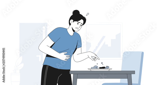 Woman Experiencing Abdominal Discomfort After Eating Food with Illustration