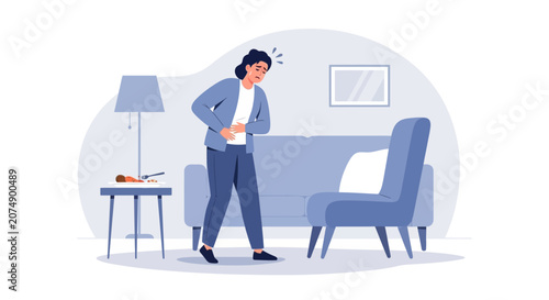Woman Experiencing Abdominal Discomfort After Eating, Symptom of Poor Digestion Depicted in Home