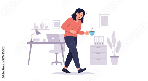 Woman Experiencing Abdominal Discomfort and Holding a Coffee Cup in Modern Office Space