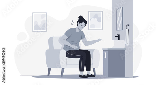 Woman Experiencing Abdominal Discomfort and Nausea Feeling Sick in a Bathroom Setting