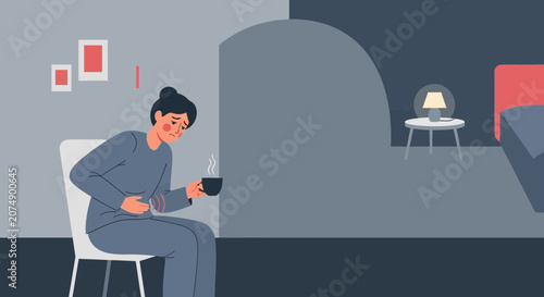 Woman Experiencing Abdominal Discomfort and Holding a Mug in a Depressing Room Setting