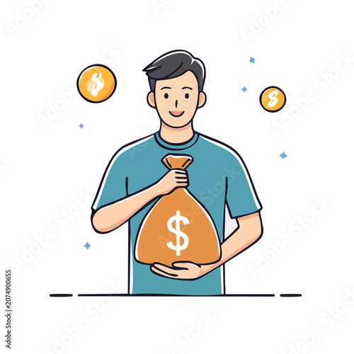 Smiling man holding a money bag with dollar sign