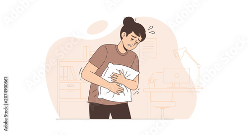 Woman Experiencing Abdominal Discomfort and Holding a Pillow as Illustration