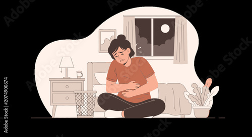 Woman Experiencing Abdominal Discomfort and Pain in Her Bedroom Under the Moonlight