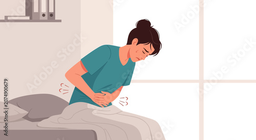 Woman Experiencing Abdominal Discomfort and Pain in Her Bedroom Environment Scene