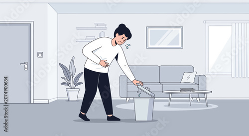 Woman Experiencing Abdominal Discomfort and Nausea Reaching Towards A Trash Can In House