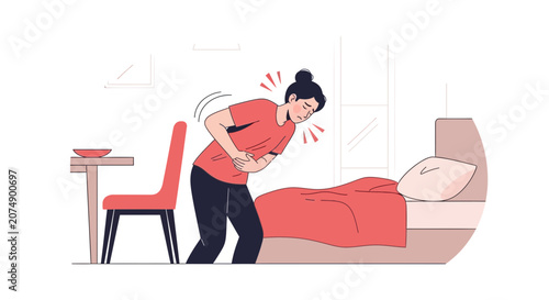 Woman Experiencing Abdominal Discomfort and Pain Near Bed in Domestic Interior Illustration