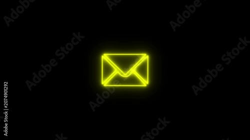 Glowing Yellow  neon mail-send icon animation black background. 4K Video motion graphic animation