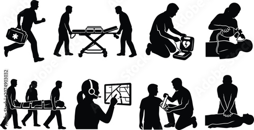 Bild auf Leinwand Emergency medical services and first aid responder black silhouette icons featuring paramedics cpr defibrillator and stretcher in image_15bbbb