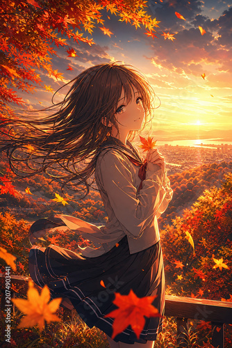 Anime Schoolgirl Holding a Maple Leaf in a Swirling Autumn Wind at Golden Sunset, Falling Leaves and Warm Orange Sky,舞い散る紅葉と夕焼けの中でカエデの葉を持つアニメ風女子高生、秋風に揺れる髪と温かいオレンジの空