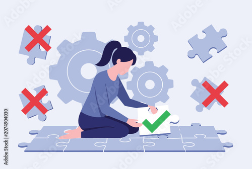 Young woman successfully fitting the right puzzle piece with a green checkmark while working on a complex solution.