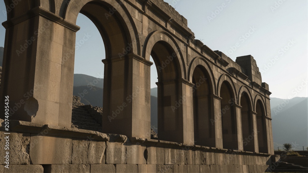 Fototapeta premium Weathered stone arches at Volubilis archaeological site in Morocco evoke a sense of grandeur and timeless decay.