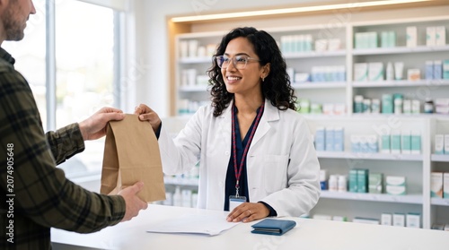 Smiling Pharmacist Handing Prescription Medication Bag to Male Customer in Pharmacy.