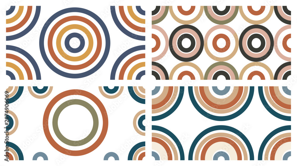 Fototapeta premium Collection of four distinct seamless patterns showcasing stylized concentric circles and semicircles in a warm, retro-inspired color palette, ideal for diverse design projects and backgrounds