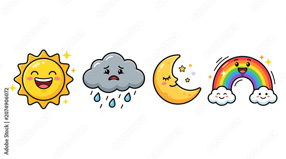 Fototapeta premium Cute Kawaii Weather Icons Featuring A Happy Sun Sad Rain Cloud Sleeping Moon And Cheerful Rainbow Elements For Kids Design Projects