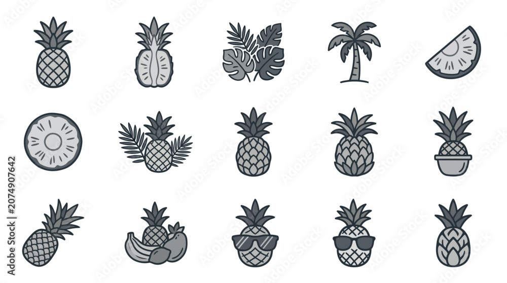 Fototapeta premium Black pineapple and tropical leaf icons.