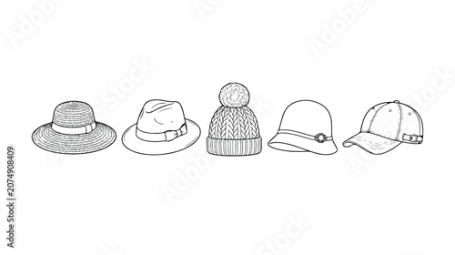 фотографія Stylish hand-drawn hat collection, five distinct headwear designs, fashion acces