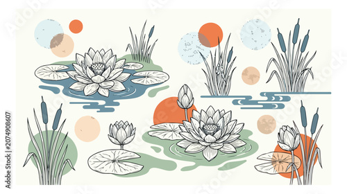 Konstfotografi Elegant lotus flower and water lily vector collection, serene pond flora, botani