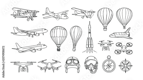 Fotografie Air transport vector icon set, vintage airplanes and modern aircraft, hot air balloons, space shuttle, drones, pilot helmets, and compass, black and white line art collection