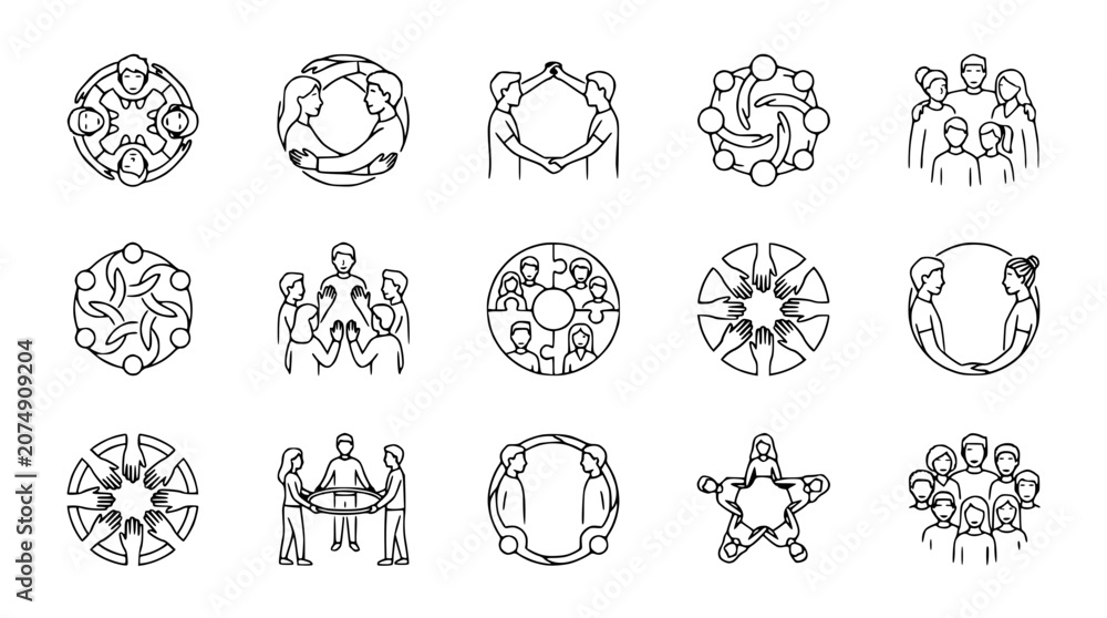 Fototapeta premium Teamwork Icons: Diverse Group of People in Circles, Hexagons, and Star Shapes