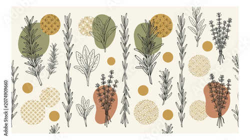 Obraz na płótnie Botanical herb pattern, hand-drawn organic garden herbs, natural rosemary and la