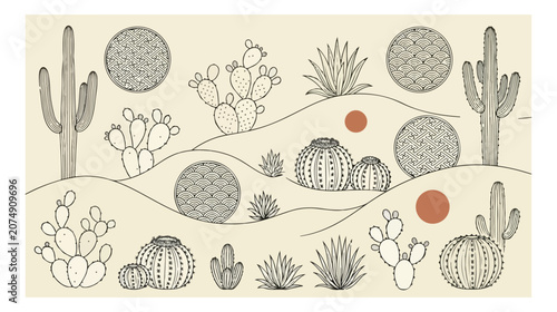 Tableau sur toile Desert landscape vector illustration, a collection of hand-drawn cacti and succu
