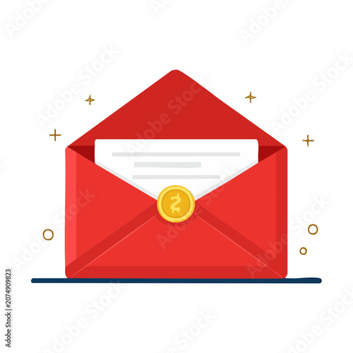 Red envelope with gold coin seal, flat vector illustration