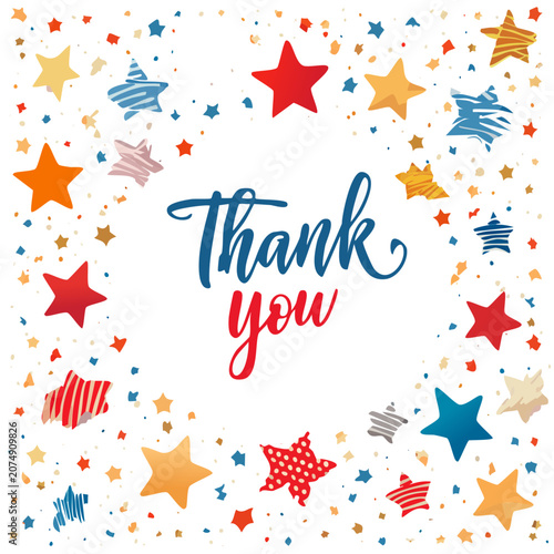 Thank You Text with Colorful Stars and Confetti