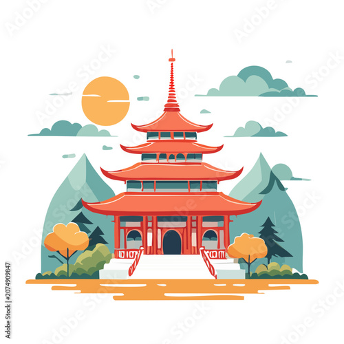Traditional East Asian Pagoda with Landscape Illustration