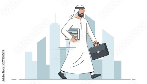 Arab businessman walking quickly with briefcase and stack of books on city buildings silhouette background.