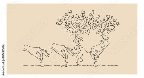 Konstfotografi Continuous line art illustration of hands planting seeds and nurturing a growing
