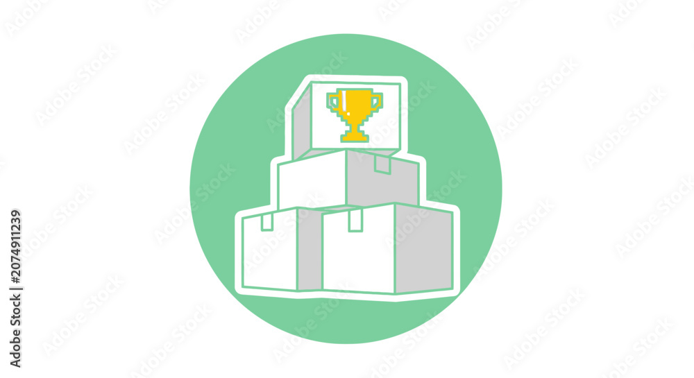 Fototapeta premium Golden trophy on stacked boxes icon, symbolizing premium product quality, top-tier achievement, success, and reward in e-commerce or business.