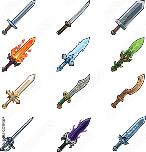 Canvastavla Fantasy RPG Magic Elemental Sword Weapon Asset Collection Cartoon Vector Illustr