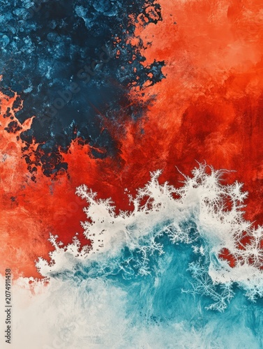 An abstract mix of fiery red brushstrokes and icy blue fractals, evoking passion and calm