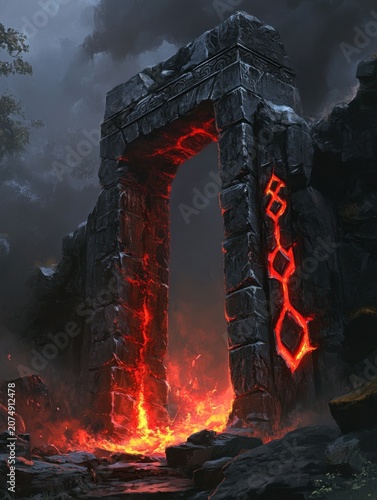 An ancient stone archway glowing with black and red runes, radiating malevolence