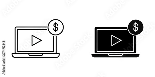Fotografie Laptop computer with play button and dollar sign symbol e commerce streaming com