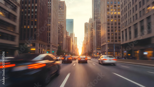 City street traffic with cars driving between skyscrapers at sunset